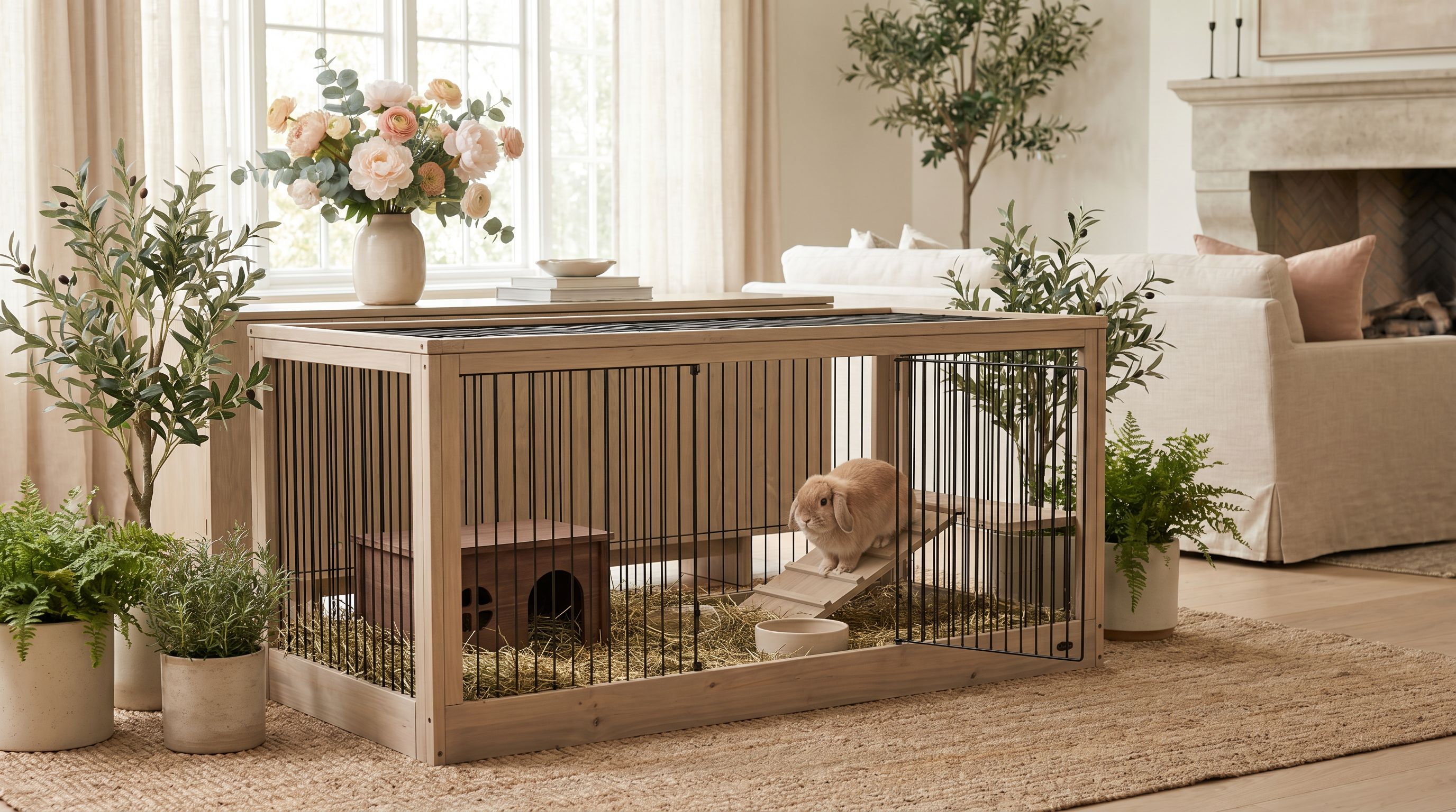 Cage à lapin premium dans un intérieur végétalisé